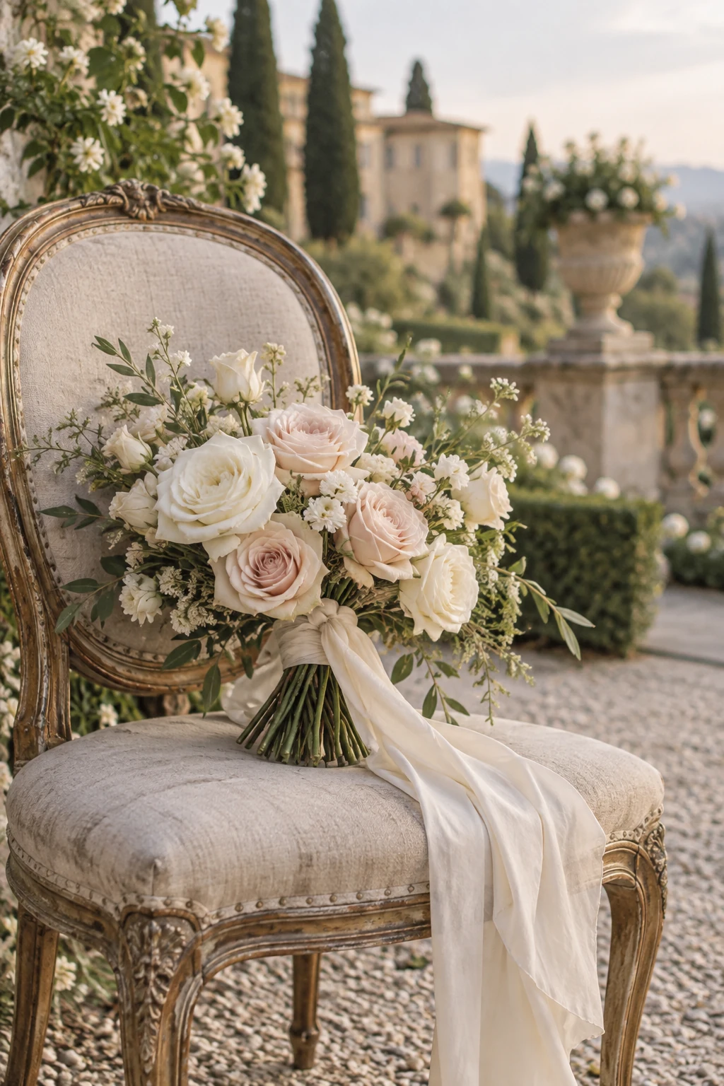 Ivory and blush bridal roses with flowing silk ribbons resting on an antique chair