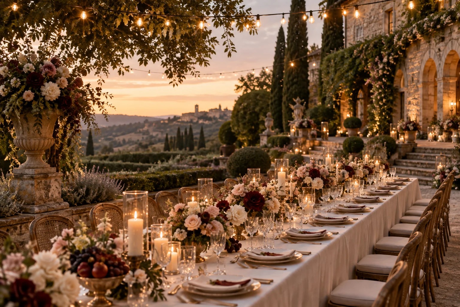 Romantic garden wedding reception with ivory flowers, candlelit tables and glowing string lights