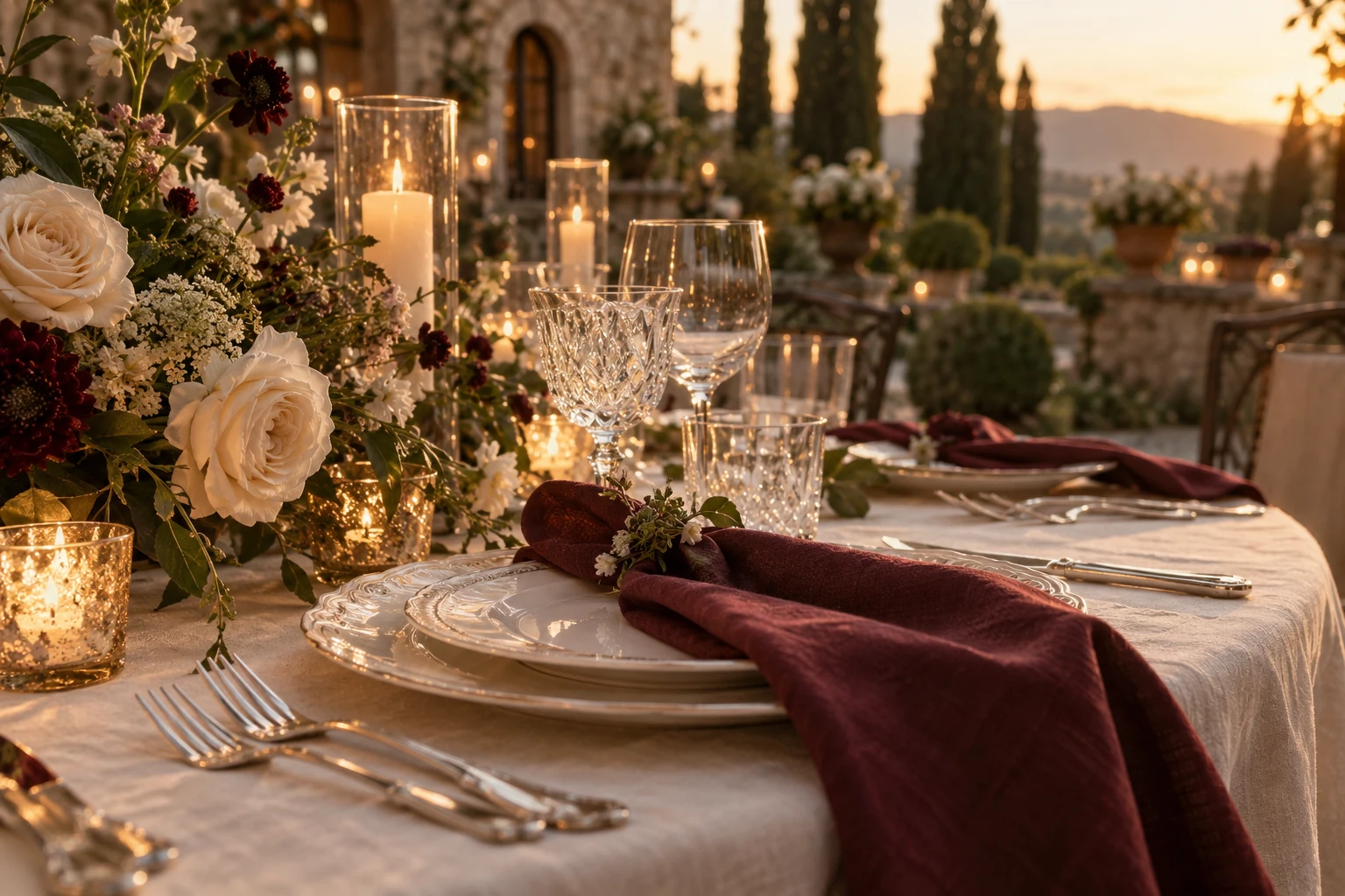 Wedding tablescape with cream florals, candlelight, delicate glassware and burgundy linen napkins